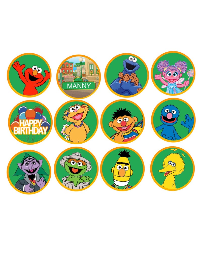 May include: Twelve round green and gold cupcake toppers featuring Sesame Street characters, including Elmo, Cookie Monster, Big Bird, and Oscar the Grouch. The toppers also include a sign that says "Manny" and a topper that says "Happy Birthday".