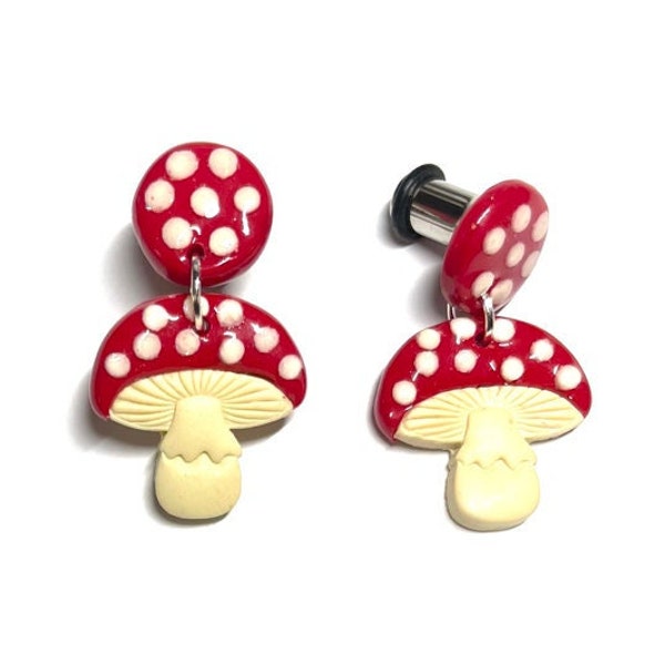Mushroom HIDERS, Penny-sized Shrooms, Gauges, Ear Plugs, Handmade, Lightweight, Polymer Clay, Stainless Steel, Single Flare