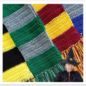 May include: Four crocheted scarves in the colors of the Hogwarts houses: Gryffindor (red and gold), Slytherin (green and silver), Hufflepuff (yellow and black), and Ravenclaw (blue and bronze).
