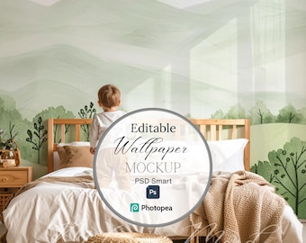 Mural Mockup Toddler Boy Room, Blank Wall Template, Add your Wallpaper PSD, Editable Wall Scene, Digital Download Wall Design