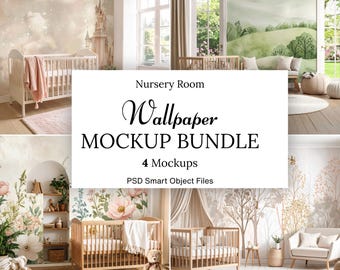 May include: A composite image showcasing four nursery room mockups. Each scene features a crib, with different wallpaper designs, including a castle, a landscape, and floral patterns. The text reads "Nursery Room Wallpaper Mockup Bundle, 4 Mockups, PSD Smart Object Files."