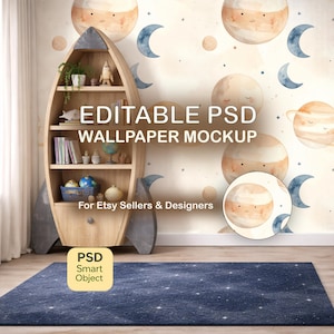 Cosmic Wall Mural Mockup, Galaxy Kids Room Wallpaper Mockup, Space Theme Interior, Editable PSD for Etsy Sellers, Nursery Product Display