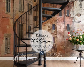May include: A black metal spiral staircase with a matching central support column. The staircase is set against a wallpaper mural depicting a European street scene. The image includes the text "Editable Wallpaper Mockup".