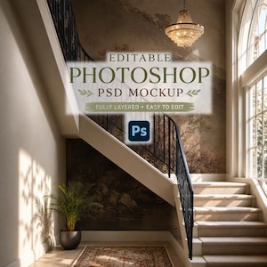 May include: An interior design mockup featuring a staircase with a black wrought iron railing, a patterned rug, and a potted plant. The wall displays a mural and the text "EDITABLE PHOTOSHOP PSD MOCKUP". A chandelier hangs from the ceiling.