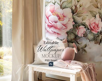 Editable Nursery Wallpaper Mockup Photoshop, Neutral Toddler Girl Wallpaper Mockup PSD, Smart Object Wallpaper Template Digital Download