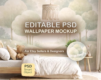 Boho Nursery Wallpaper Mockup, Gender Neutral Kids Room Wall Mural PSD, Editable Smart Object Mockup, Minimalist Bedroom Interior Display