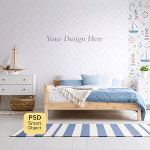 Maqueta de papel tapiz para habitación infantil con temática náutica, mural de pared con temática oceánica en formato PSD, maqueta de objeto inteligente editable, diseño de interiores para dormitorio infantil
