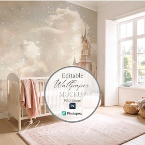 May include: A nursery mockup featuring a white crib with a pink blanket, a light pink rug, and a window with white shutters. The wallpaper depicts a castle scene with clouds and stars. The image includes the text "Editable Wallpaper Mockup".