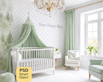 Premium Nursery Wallpaper Mockup, Elegant Wall Mural PSD Template, Editable Smart Object Interior Scene
