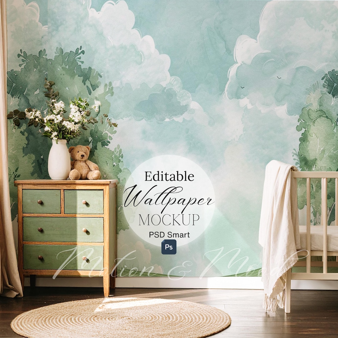 Vintage Nursery Wall Mockup, Editable Wallpaper, Baby Room Mural ...