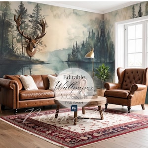 May include: A living room scene with a brown leather sofa, armchair, and a round wooden coffee table. The room features a forest-themed wallpaper and a patterned rug. The text "Editable Wallpaper Mockup" is visible.