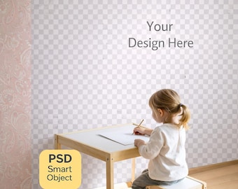 Nursery Wallpaper Mockup with Person, Digital Mural, Nursery Room Wall Art Display, Blank Wall Mockup, PSD Smart Object, Digital Download