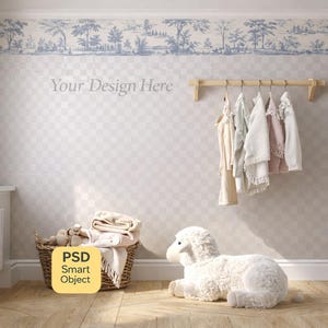 Maqueta de papel tapiz neutro para habitación de bebé, mural de pared escandinavo para habitación de bebé (PSD), plantilla de objeto inteligente editable, diseño minimalista para interiores.