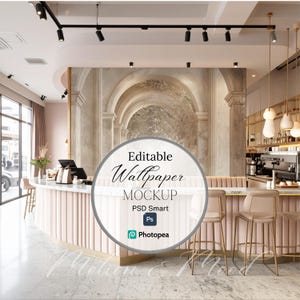 May include: Interior mockup of a curved bar with pink paneling and gold detailing. High stools and a marble countertop are visible. A mural of arched columns adorns the back wall. The text "Editable Wallpaper Mockup" is displayed in the center.