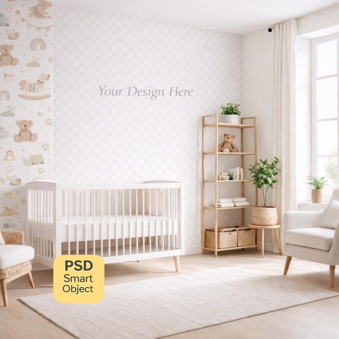 Organic Modern Nursery Wallpaper Mockup, Beige Baby Room Wall PSD ...