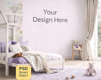 Pastel Nursery Wallpaper Mockup, Kids Room Wall Mural Mockup, Editable Wallpaper PSD, Smart Object Wall Scene, Interior Mockup for Designers