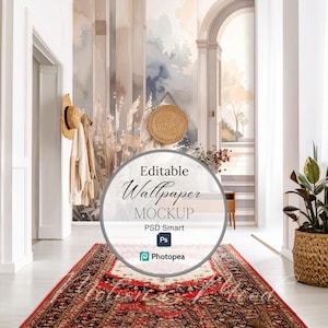 Hallway Interior Wall Mockup, Digital Wallpaper Template with Smart Object, Photoshop PSD Template for Wallpaper Display, Wallpaper Mockup