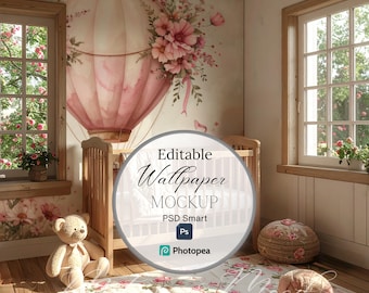 Cottagecore Nursery Wallpaper Mockup, Digital Mural, Nursery Room Wall Art Display, Blank Wall Mockup, PSD Smart Object, Digital Download