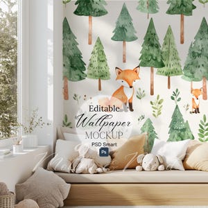 Gender Neutral  Nursery Wallpaper Mockup, Editable Nursery Wallpaper Mockup PSD, Kids Room PSD Template for Wallpaper Mockup