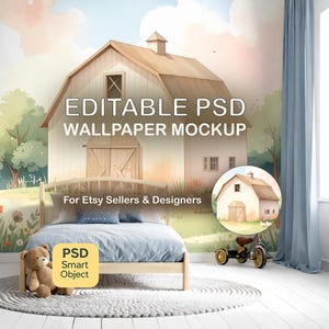 Behangscène jongenskamer, psd-sjabloon peuterslaapkamer, bewerkbare wanddisplay voor behangverkopers, lichtblauw kinderinterieur voor ontwerpers