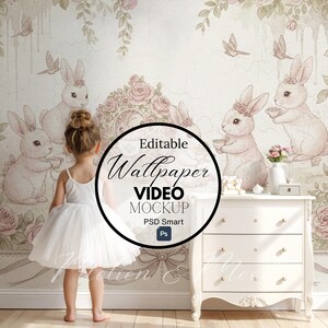 May include: A young girl in a white dress stands in front of a wallpaper featuring rabbits, roses, and butterflies. The wallpaper has a vintage aesthetic. A white chest of drawers with gold handles is on the right. The image includes the text "Editable Wallpaper Video Mockup".