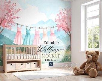 Gender Neutral Wallpaper PSD, Nursery Room Mural Mockup, Playful Scandinavian Wallpaper Scene, Kids Playroom Wall Template, Smart Object