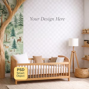 Boho Nursery Wallpaper Mockup, Neutral Kids Room Wall Mural PSD, Editable Smart Object Mockup, Styled Wall Scene for Wallpaper Design