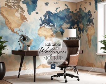 Home Office Wallpaper Mockup, Neutral Wall Background for Wallpaper Showcase, Room Wall Preview, Wallpaper Templates, PSD Smart Object