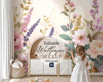 Wallpaper Mockup with Child, Add Your Mural Design, Nursery Room Wall Art Display, Blank Wall Mockup, PSD Smart Object, Digital Download