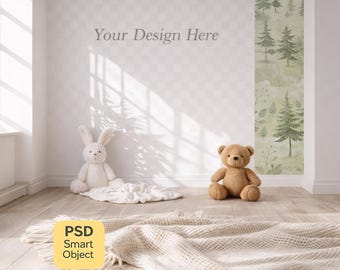 Scandi Nursery Wallpaper Mockup, Gender Neutral Baby Room Wall Mural PSD, Minimalist Interior Mockup, Editable Smart Object Template