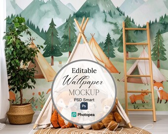 Mural Mockup Forest Themed, Kids Room Wallpaper Mockup, PSD Digital Download, Smart Object Wallpaper Scene, Kids Room Wall Display