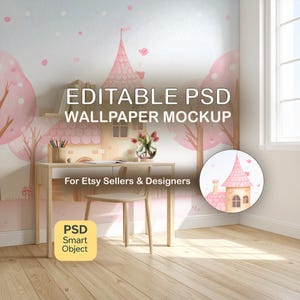 Kinderzimmer-Tapete PSD, Kleinkind-Mädchen-Lernecke-Wandszene, neutrales Interieur für Tapeten-Designer, bearbeitbare Smart-Objektvorlage