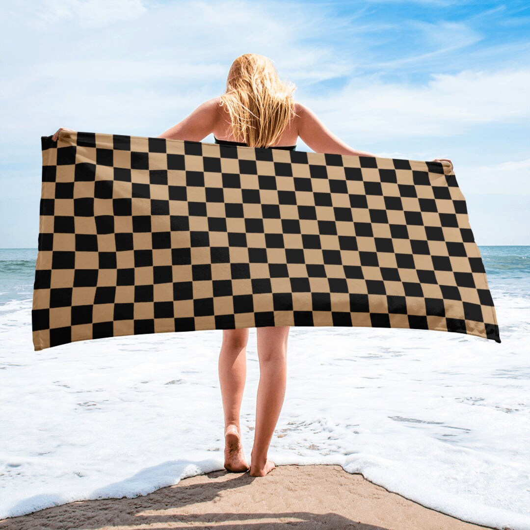 Checkered Beach Towel Retro Groovy 70s Beach Blanket Pool Towel Tan and