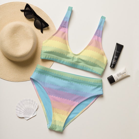 Pastel Rainbow Bikini Set Y2K 90s Retro Hippie Crop Top Bikini Vintage High Waisted Swim Suit Recycled Sustainable Swim Suit Etsy