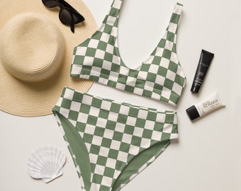 Retro Green Checkered Bikini Set | Vintage High Waisted Swim Suit | Sage Green Checked Bathing Suit Cheeky Bottoms