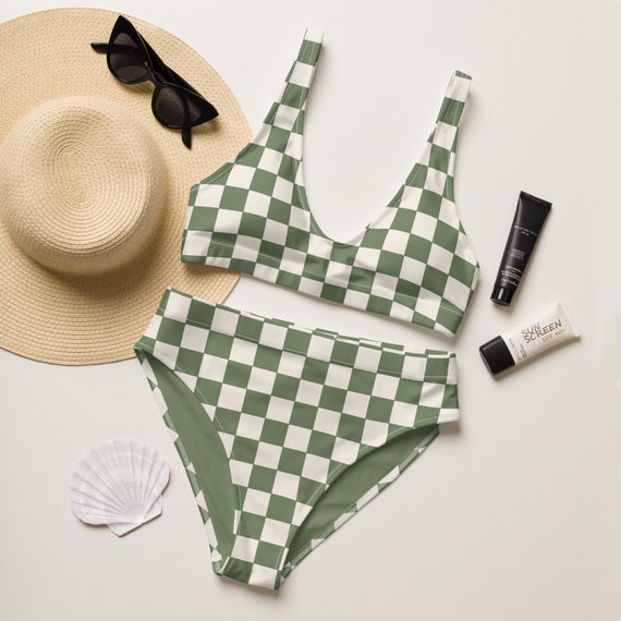 Retro Green Checkered Bikini Set Vintage High Waisted Swim Suit
