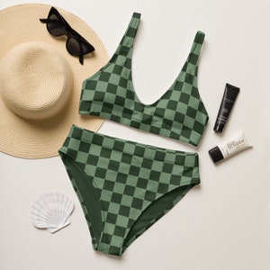 70s Groovy Green Checkered Bikini Set | Retro Hippie Crop Top Bikini | Vintage High Waisted Swim Suit | Checker Bikini Swim Suit