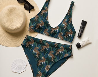 Tropical Tiger High Waisted Bikini Set | Jungle Pattern Swim Suit | Sustainable Recycled Swimwear Cheeky Bottoms