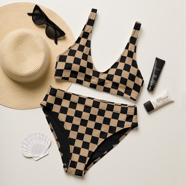 70s Groovy Tan Checkered Bikini Set | Retro Hippie Crop Top Bikini | Vintage High Waisted Swim Suit | Checker Bikini Swim Suit