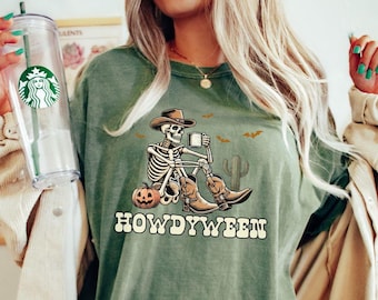 Cowboy Skeleton with Coffee, Cowboy Skeleton Halloween Shirt, Cowboy Skeleton Shirt, Howdyween Cowboy Skeleton Shirt, Funny Halloween Shirt