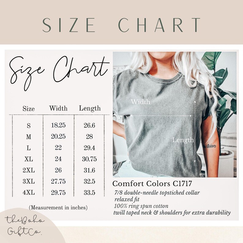 May include: Size chart for a t-shirt with measurements in inches. The chart shows the width and length of the shirt in sizes S through 4XL. The t-shirt is described as "Comfort Colors C1717" with a 7/8 double-needle topstitched collar, relaxed fit, 100% ring spun cotton, and twill taped neck and shoulders for extra durability.