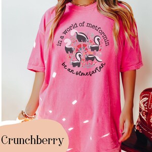 K&ouml;nnte beinhalten: Ein pinkfarbenes T-Shirt mit einer Grafik von Stinktieren in einem Kreis mit dem Text "in a world of metformin be an olmesartan".