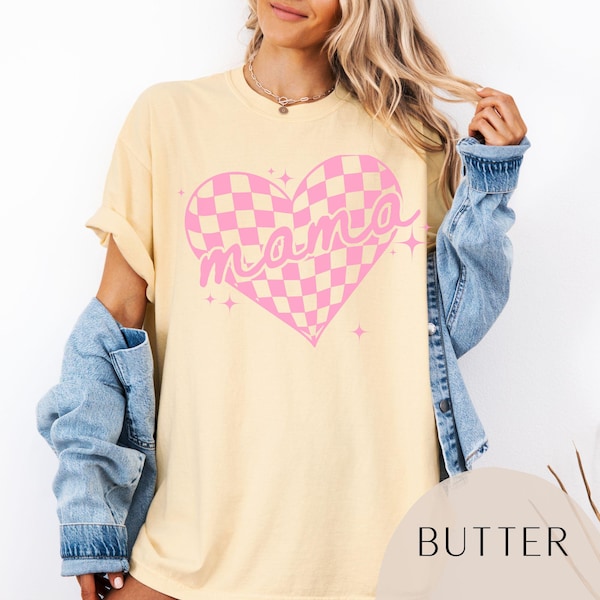 Camiseta de mamá con corazón de colores cómodos, camiseta de mamá con corazón retro a cuadros, camiseta de mamá amarilla, camisetas de primavera para mamá, camiseta de mamá pastel para verano