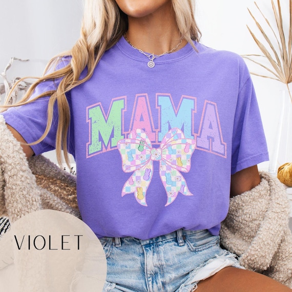 Comfort Colors® Coquette Bow Easter Mama Shirt, Retro Mama Shirt, Vintage Mama Easter Tee, Mama Tshirt, Varsity Mom Shirt, Bow Mom Shirt