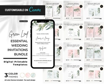 Bundle: Essential Wedding Invitations Templates | Printable | Minimalistic Green Leaf | Editable Wedding Set | Instant Download