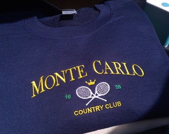 Monte Carlo Vintage Sweatshirt, Embroidered Tennis Crewneck, Monaco Sweatshirt, Vintage Tennis Sweatshirt, Country Club Tennis Sweater