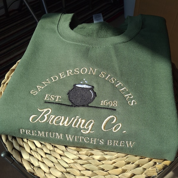 Sudadera bordada, sudadera de las Hermanas Sanderson, jersey de Halloween Brewing Co., jersey vintage de Halloween con cuello redondo bordado, jersey espeluznante