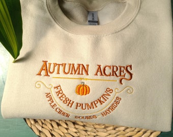 Moletom bordado, Moletom bordado Autumn Acres, Moletom de outono Pumpkin Patch, Moletom vintage de outono com gola redonda, Suéter bordado de outono