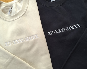 Custom Roman Numeral Embroidered Sweatshirt, Custom Anniversary Matching Couple Jumper, Personalised Date Gift For Couples