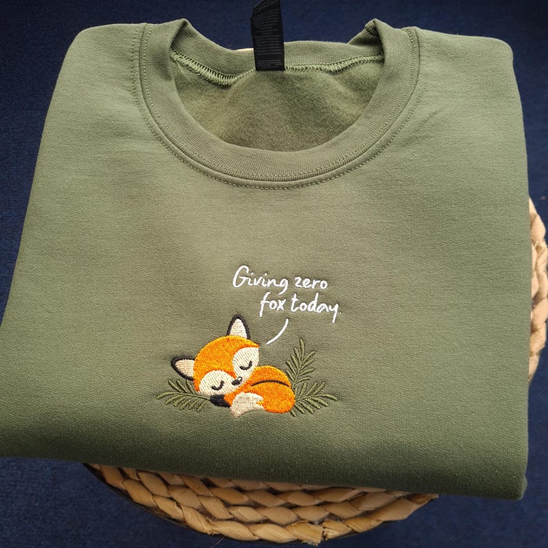 Giving Zero Fox Embroidered Sweatshirt, Funny Fox Hoodie, Cute Lazy Fox Jumper, Sarcastic Animal Sweater, Cozy Aesthetic Gift image 1